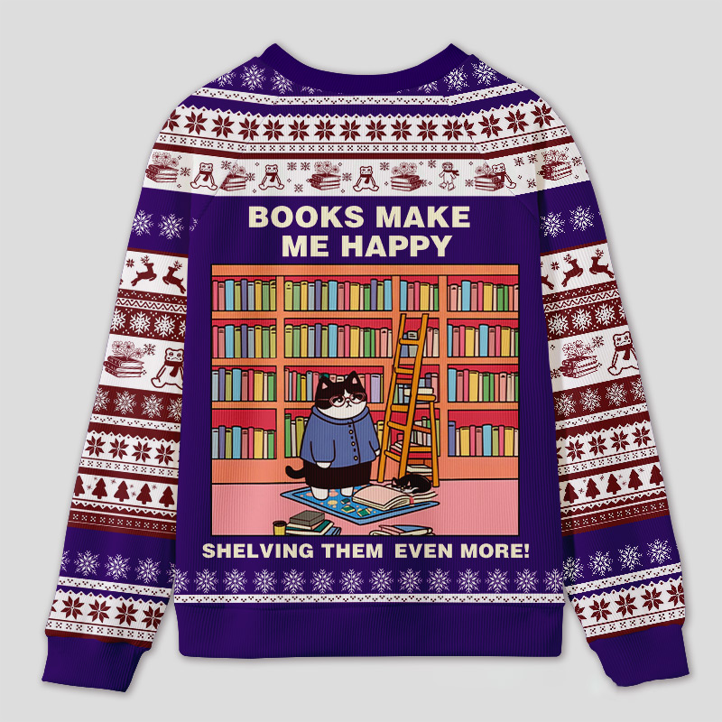 Personalized Hilarious Cat Rearranging Bookshelves Ugly Sweater Holiday Gift for Cat-Loving Book Loves