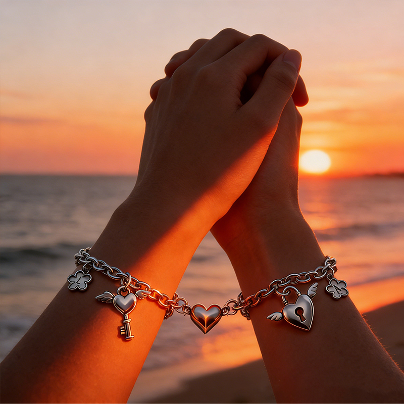 Personalized Vintage Silver Lock & Key Heart Cuban Bracelet Initial Gift for BFF and Couple