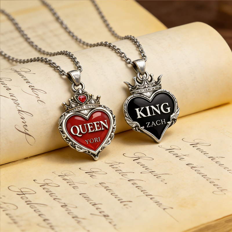 Personalized Couple Necklaces Vintage Royal Crown Heart King & Queen Engravable Name for Romantic Couples and Anniversary Celebrants