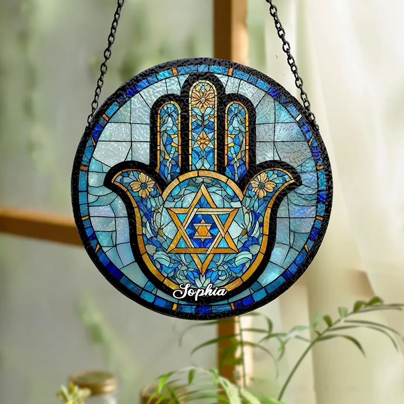 Personalized Hamsa Hand Star of David Stained Glass Suncatcher Ornament with Custom Name Jewish Festival Window Hanging Decor Hanukkah Gift Religious Gift