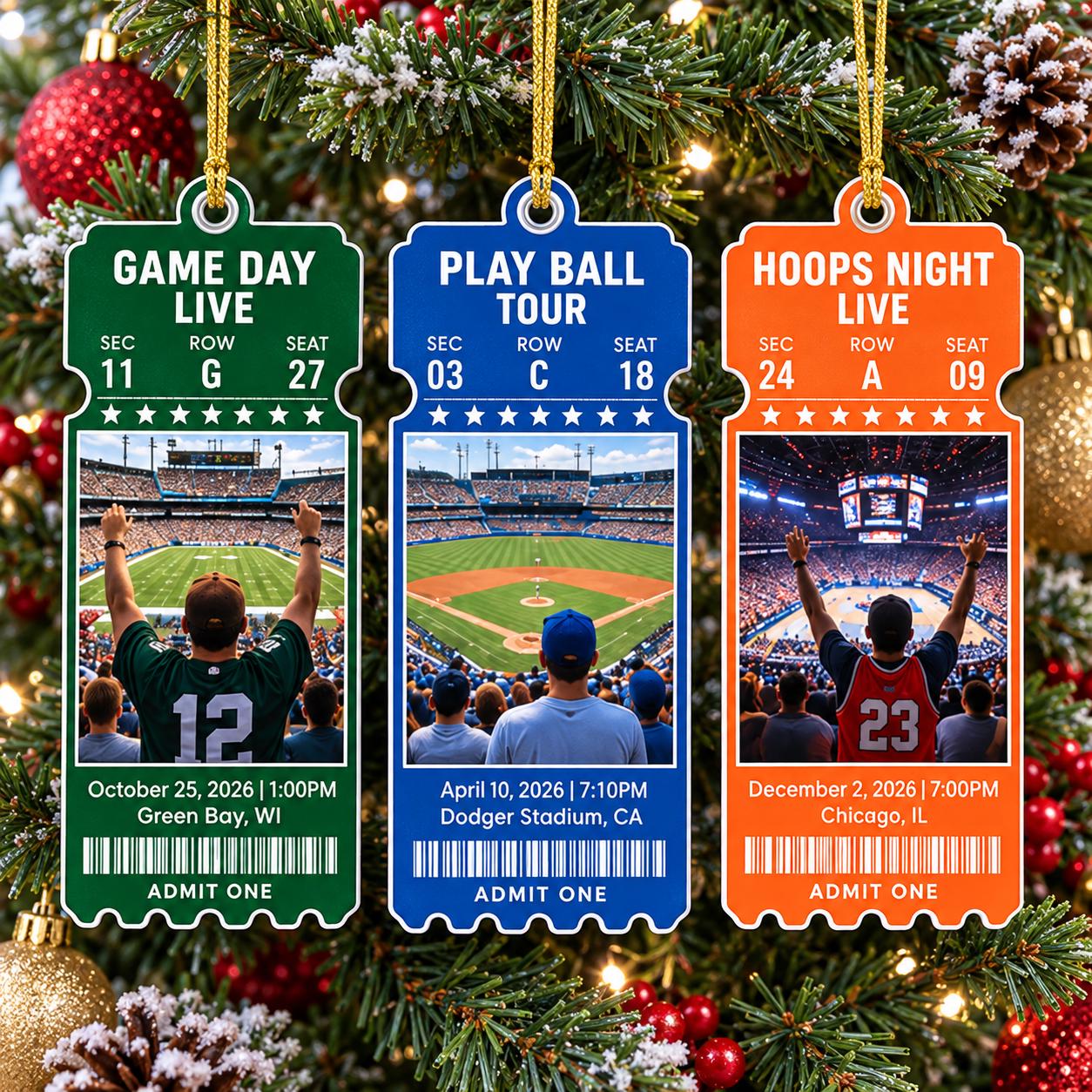 Personalized Game Day Match Ticket Ornament, Custom Photo Sports Travel Keepsake, Gift for Sport Lovers, Ornament Family Match Game Decor