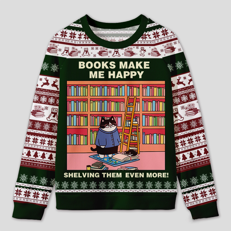 Personalized Hilarious Cat Rearranging Bookshelves Ugly Sweater Holiday Gift for Cat-Loving Book Loves