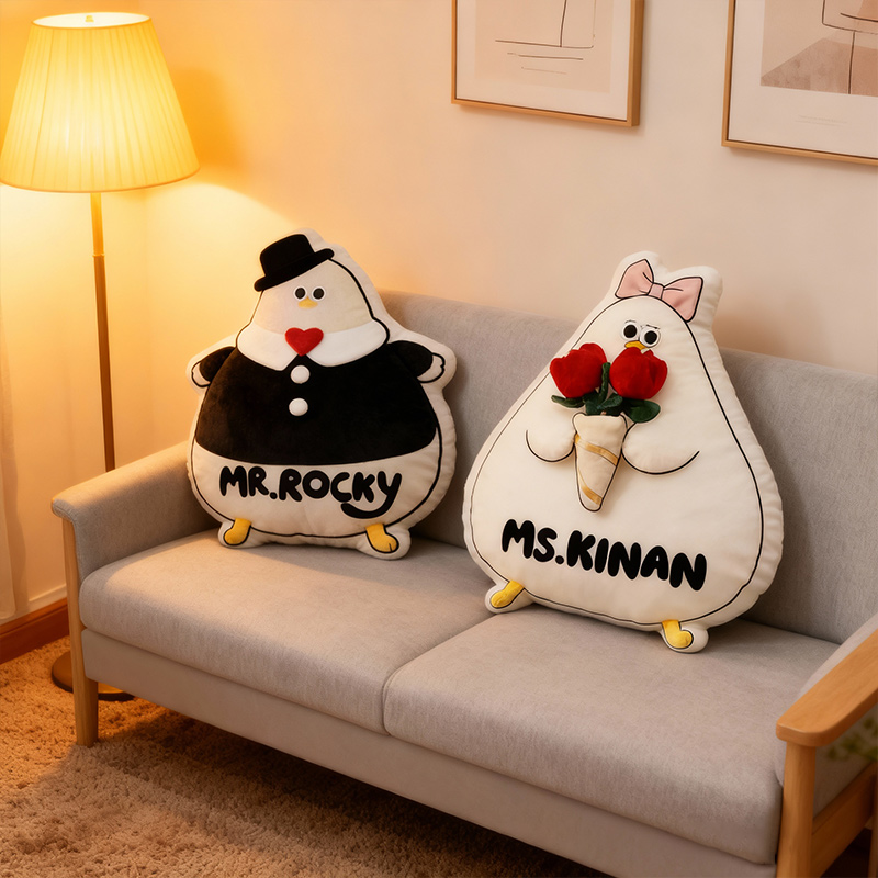 Personalized Cartoon Seagull Couple Throw Pillow Mr. Seagull & Miss Tulip Plush Home Decor Gift for Couples
