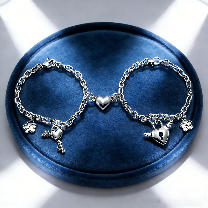 Personalized Vintage Silver Lock & Key Heart Cuban Bracelet Initial Gift for BFF and Couple