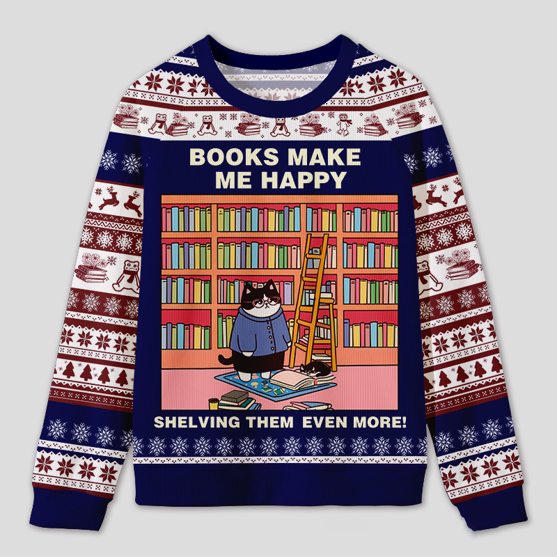 Personalized Hilarious Cat Rearranging Bookshelves Ugly Sweater Holiday Gift for Cat-Loving Book Loves
