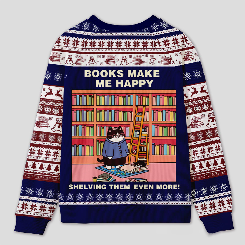 Personalized Hilarious Cat Rearranging Bookshelves Ugly Sweater Holiday Gift for Cat-Loving Book Loves