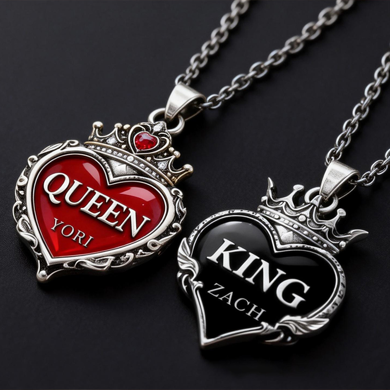 Personalized Couple Necklaces Vintage Royal Crown Heart King & Queen Engravable Name for Romantic Couples and Anniversary Celebrants