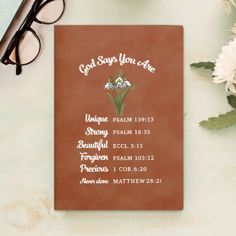 Personalized Birth Flower Cross Bible Verse Prayer Journal Leather A5 Notebook with Name Church Study Birthday Religious Gift for Family Friends