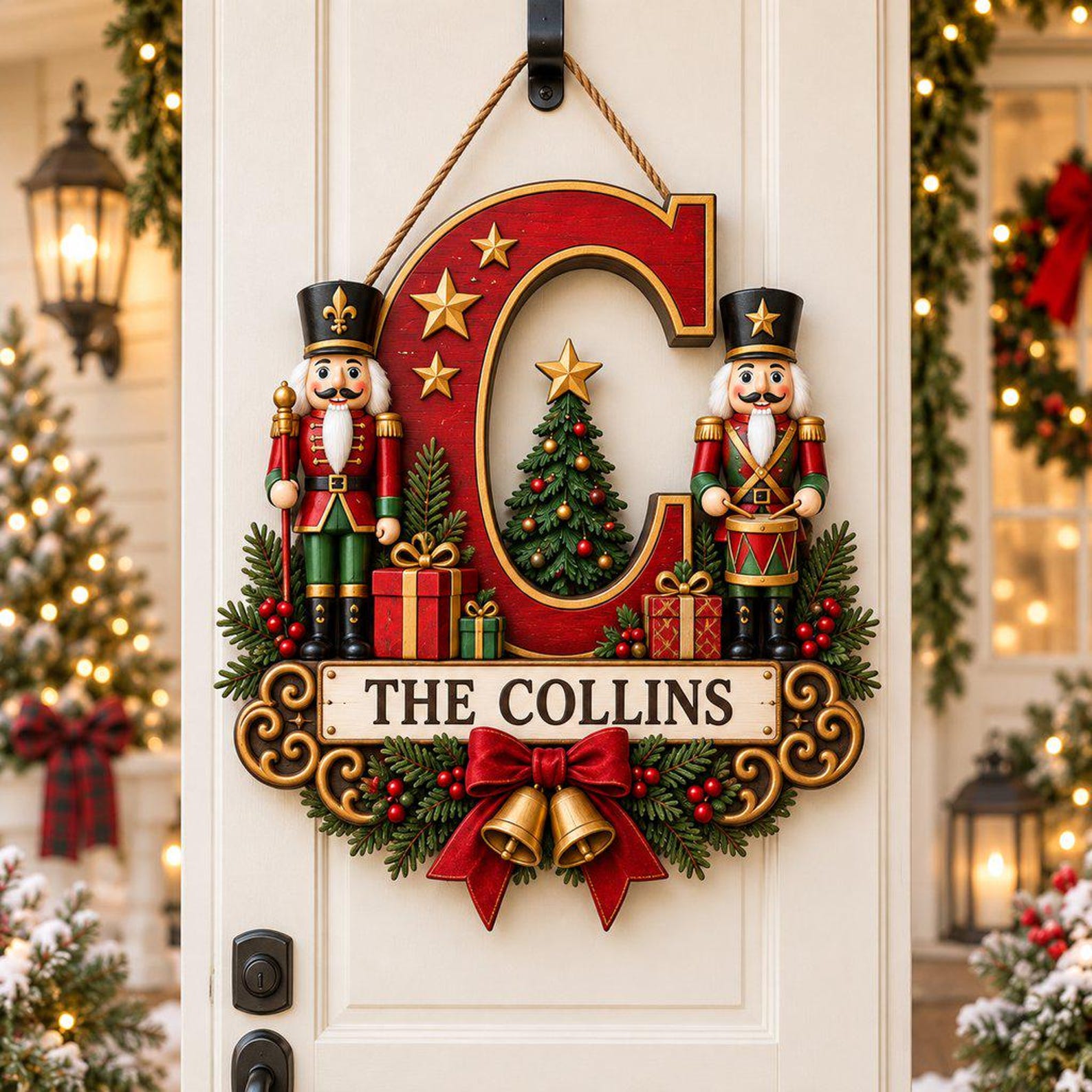 Personalized Nutcracker Christmas Wooden Door Sign, Family Name Initial Hanger, Red Green Holiday Monogram Decor, Festive Housewarming Gift