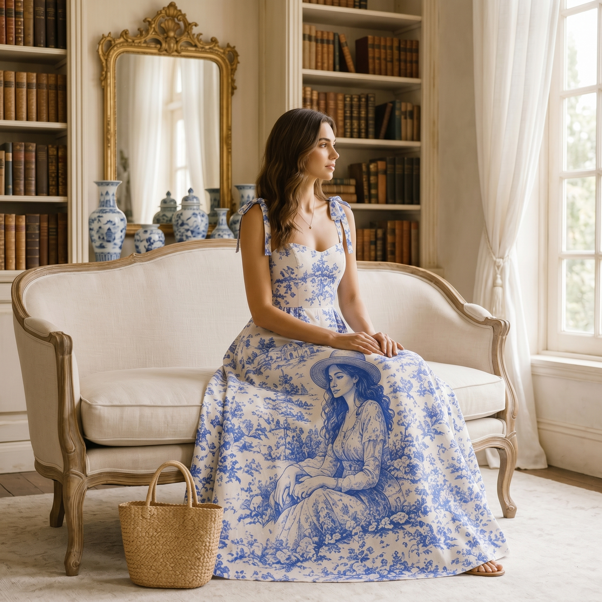 Personalized Blue Toile Maxi Dress French Toile De Jouy Portrait Custom Photo Gift for Her