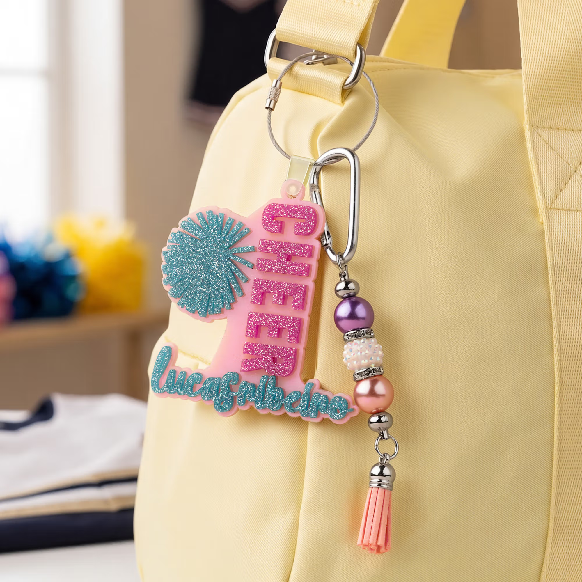 Personalized Glitter Bow Ribbon Cheering Horns Charm Keychain with Name and Tassel Sports Team Birthday Gift for Cheerleader