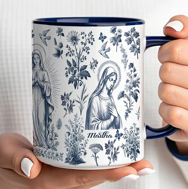Personalized Catholic Virgin Mary Toile 11oz Ceramic Mug with Name Vintage Floral Catholic Marian Mug Our Lady Coffee Cup Christian Gift for Women