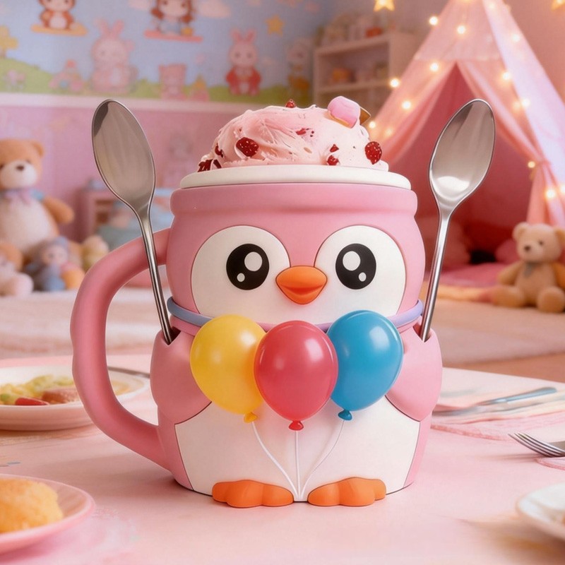 Theme Adorable Penguin with Balloons Dessert Stand 3D Printed Cozy with Spoon Slot