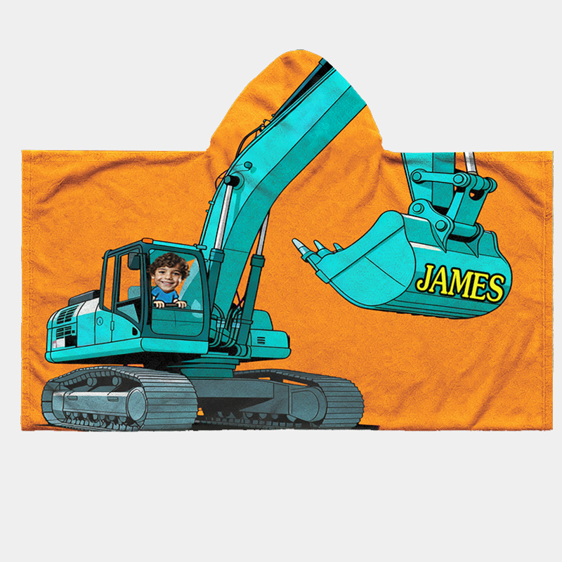 Personalized Vibrant Modern Excavator Print Hooded Blanket Custom Name and Photo Practical Fun Gift for Kids Indoor Outdoor