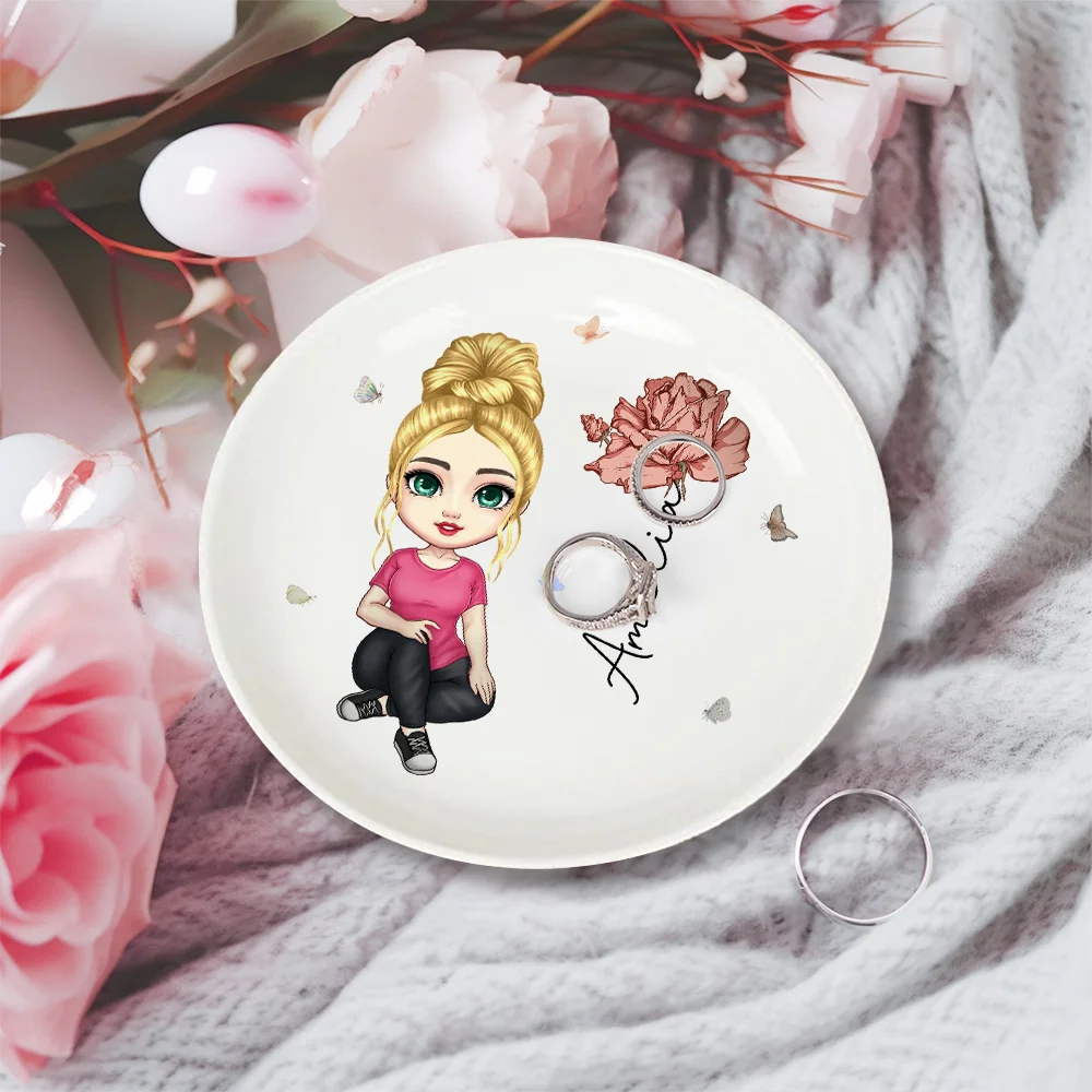 Personalized Cute Cartoon Character Ceramic Ring Dish Jewelry Tray with Birth Flower and Name Birthday Bridesmaid Wedding Gift for Her