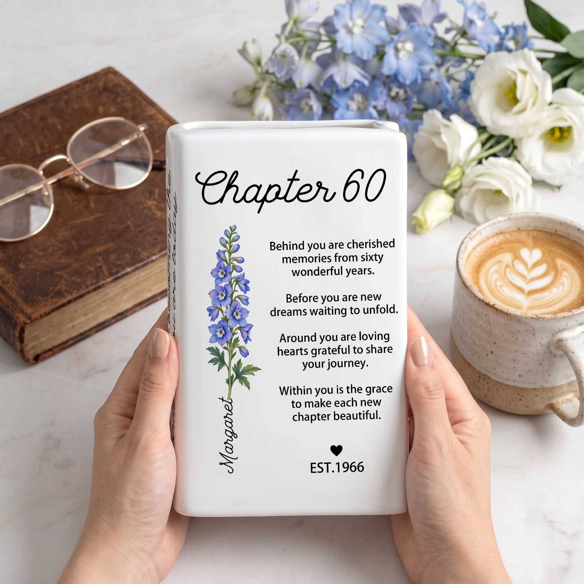 Personalized Birth Flower Ceramic Book Vase with Name Year and Text Home Decor Anniversary Gift for Bookworms Flower Lovers