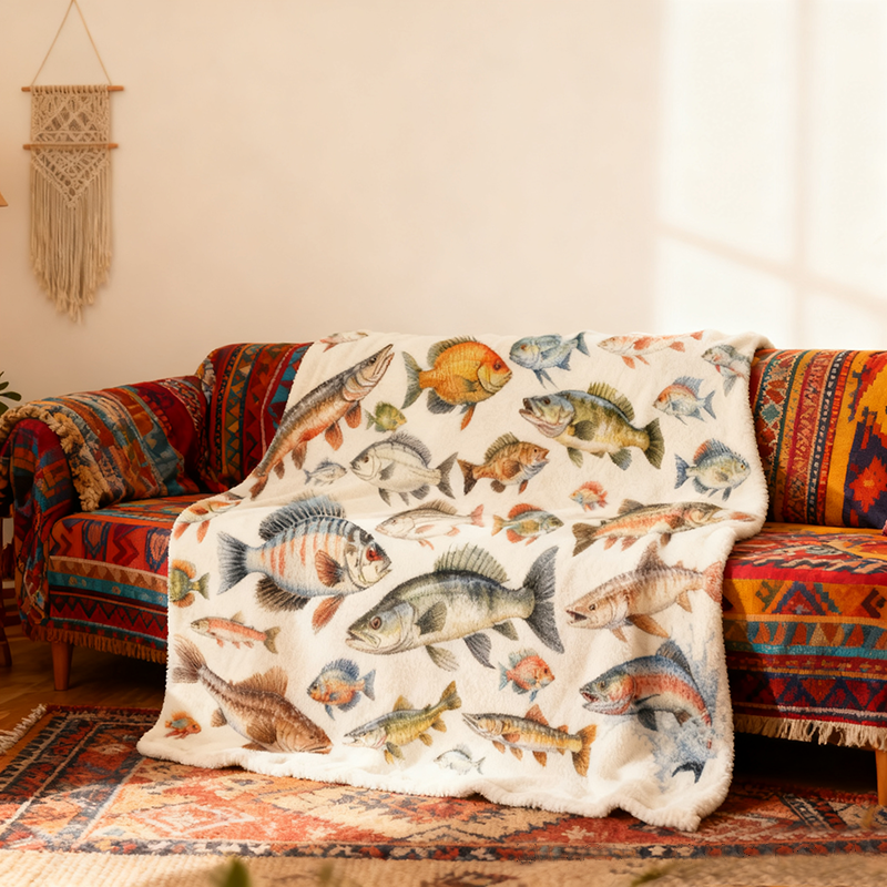 Personalized Fishing Blanket Colorful Fish Design Custom Name Soft and Cozy Throw Perfect Gift for Anglers and Fishermen