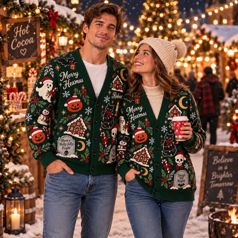 Personalized Spooky Christmas Knitted Cardigan: Custom Name Merry Hexmas Sweater