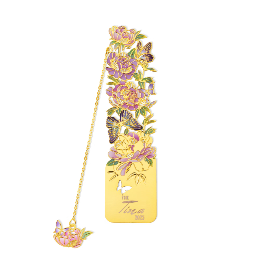 Personalized Birth Flower Butterfly Gold Metal Bookmark with Text and Decorative Chain Daily Use Birthday Gift for Women Book Lovers