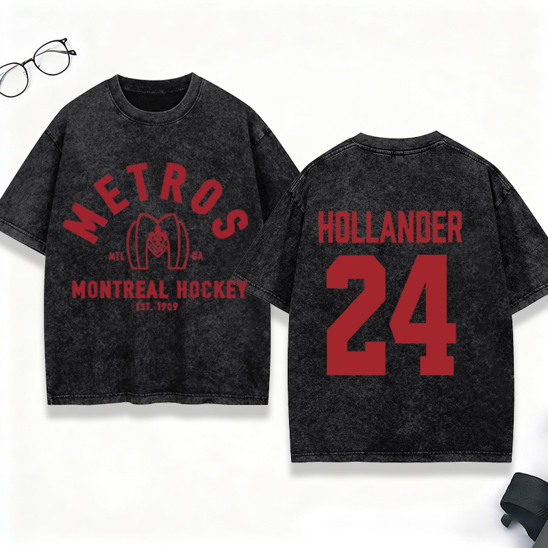 Personalized Hollander 24 HR Washed T-Shirt Vintage Hockey Player Tee for Ice Hockey Fans