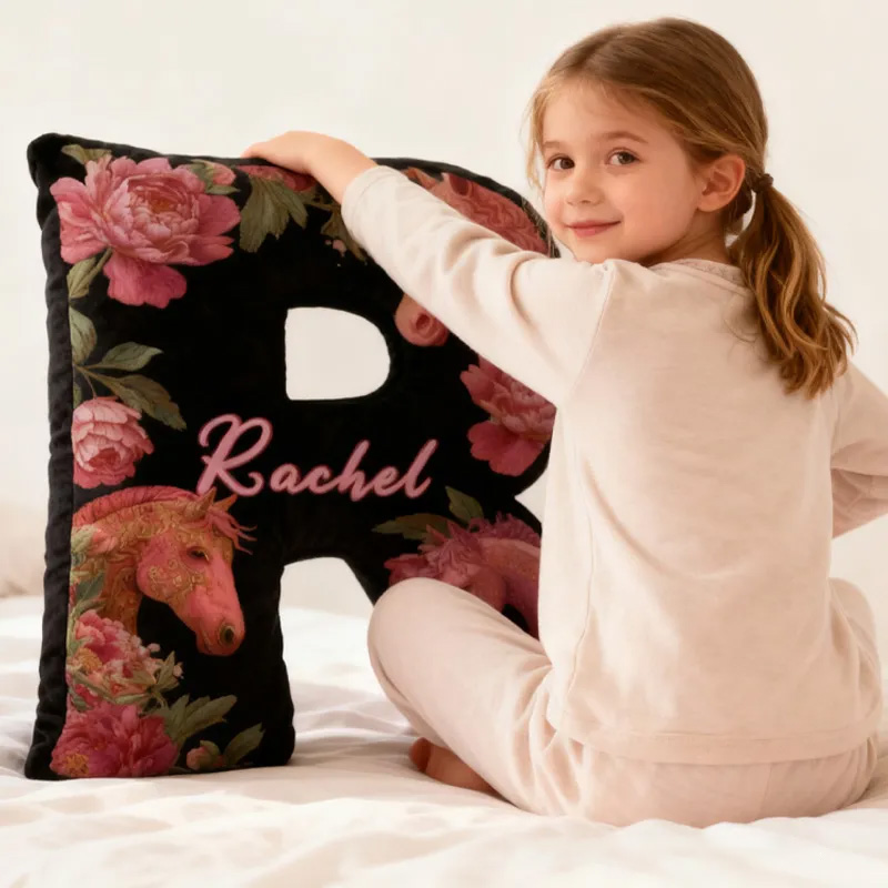 Personalized Riding Equestrian Floral Letter Pillow Horse Custom Name Festive Flower Decor with French Countryside Gifts for Family Graphic 3D Print for Riding Lovers Equestrian Lovers