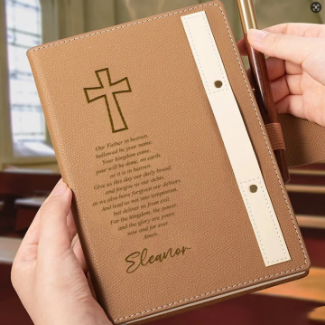 Personalized Engraved Cross the Lord's Prayer Leather A5 Lined Notebook with Name and Pen Loop Birthday Christmas Gift for Christian