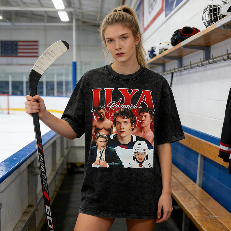 Personalized Ice Hockey Fans Washed T-Shirt with Custom Red Lightning Image Gift for Fans