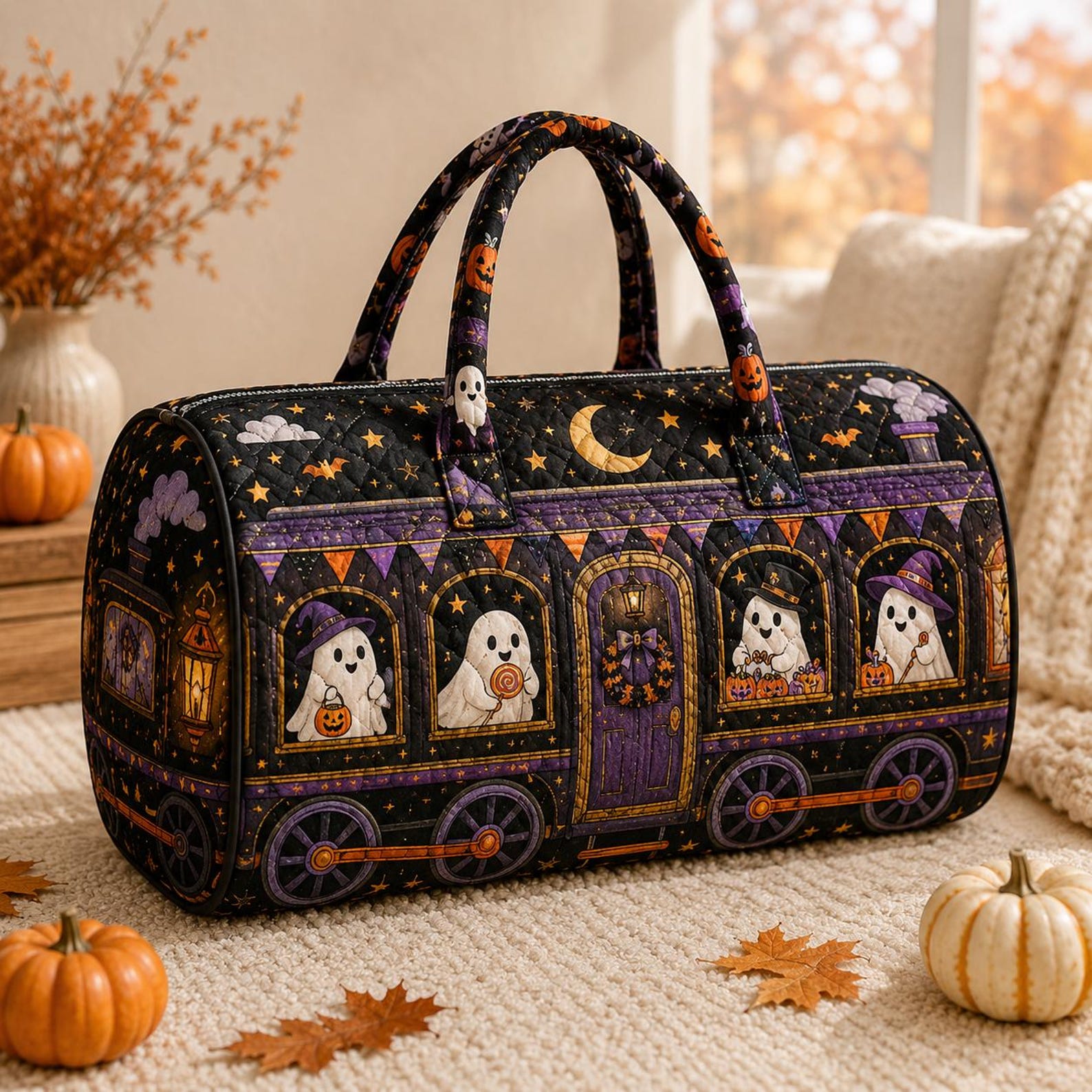 Ghoul Getaway Halloween Duffel Bag Spooky Ghost Travel Bag Haunted Road Trip Weekender Bag Quilted Halloween Overnight Bag