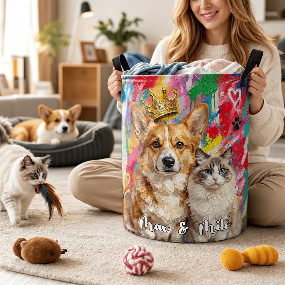 Personalized Pet Portrait Collapsible Laundry Hamper, Large Capacity Custom Name Storage Basket Birthday and Housewarming Gift for Pet Lovers