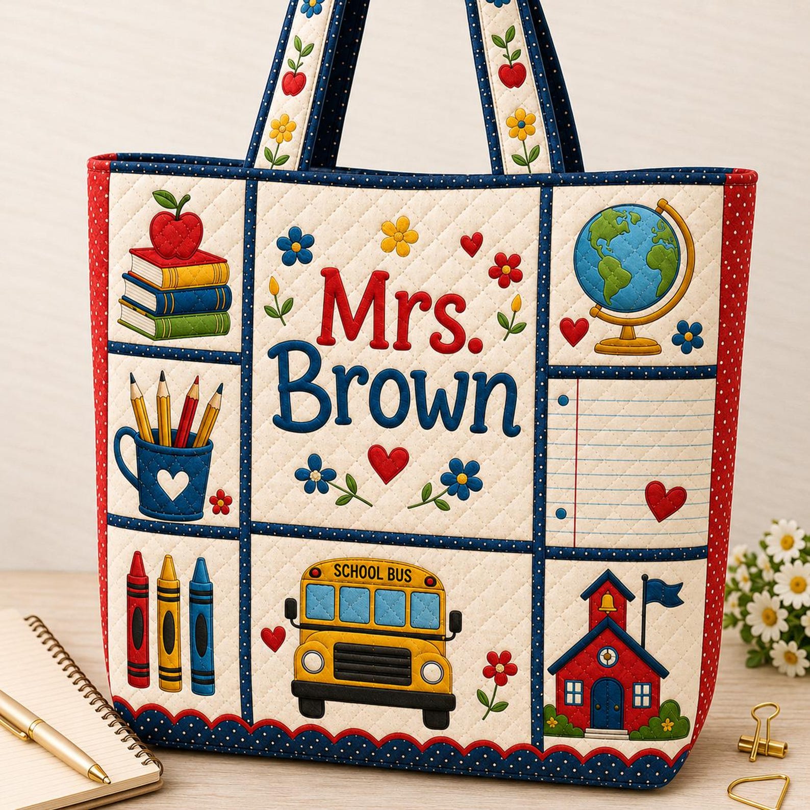 Personalized Teacher Quilted Tote Bag Custom Name School Bus Classroom Bag Teacher Appreciation Gift