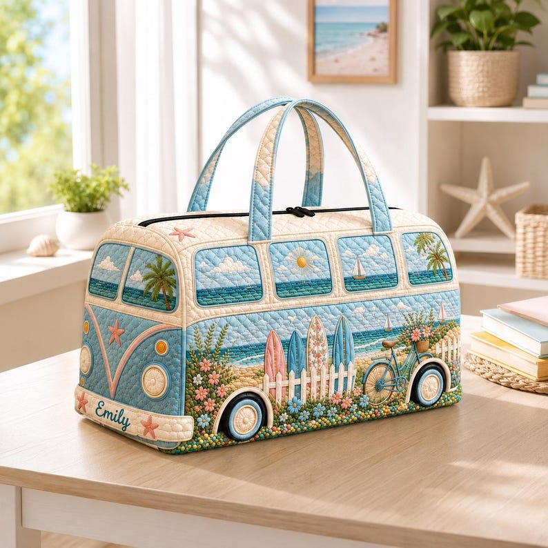 Personalized Quilted Camper Duffel Bag Retro Beach Travel Weekender Tote