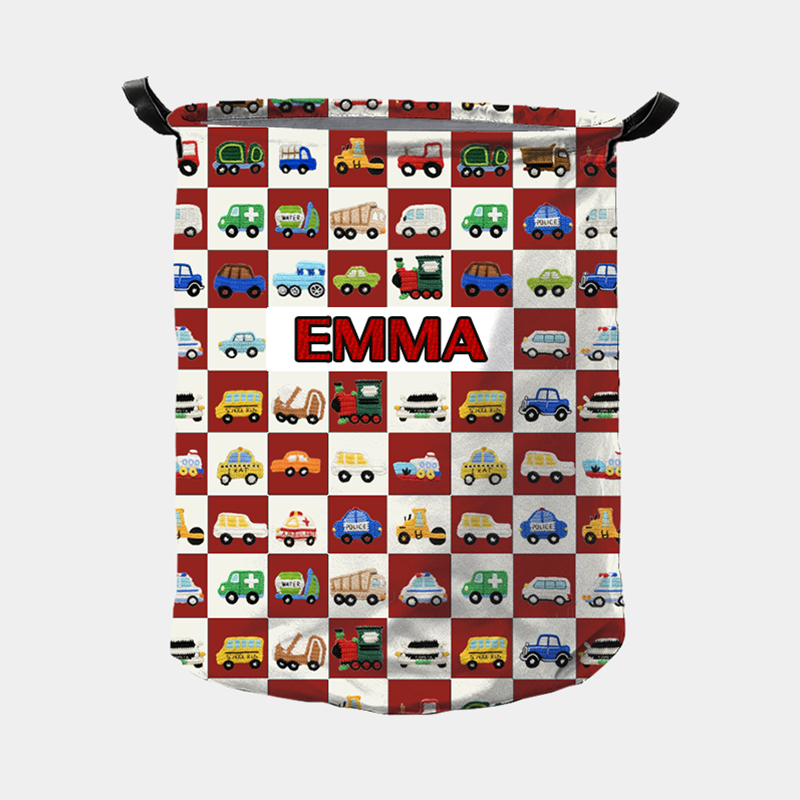Personalized Cute Car Plaid Print Large Waterproof Laundry Storage Basket with Handle Custom Name Gift for Kids