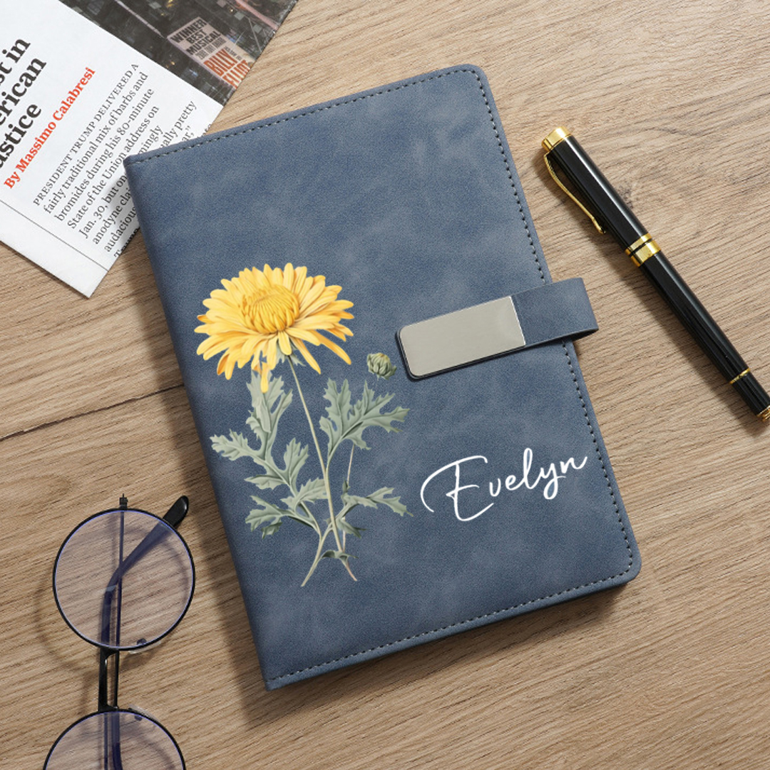 Personalized Birth Flower Notebook & Pen Set Custom Name Leather Journal Gift Birth Month Flower Journal for Women
