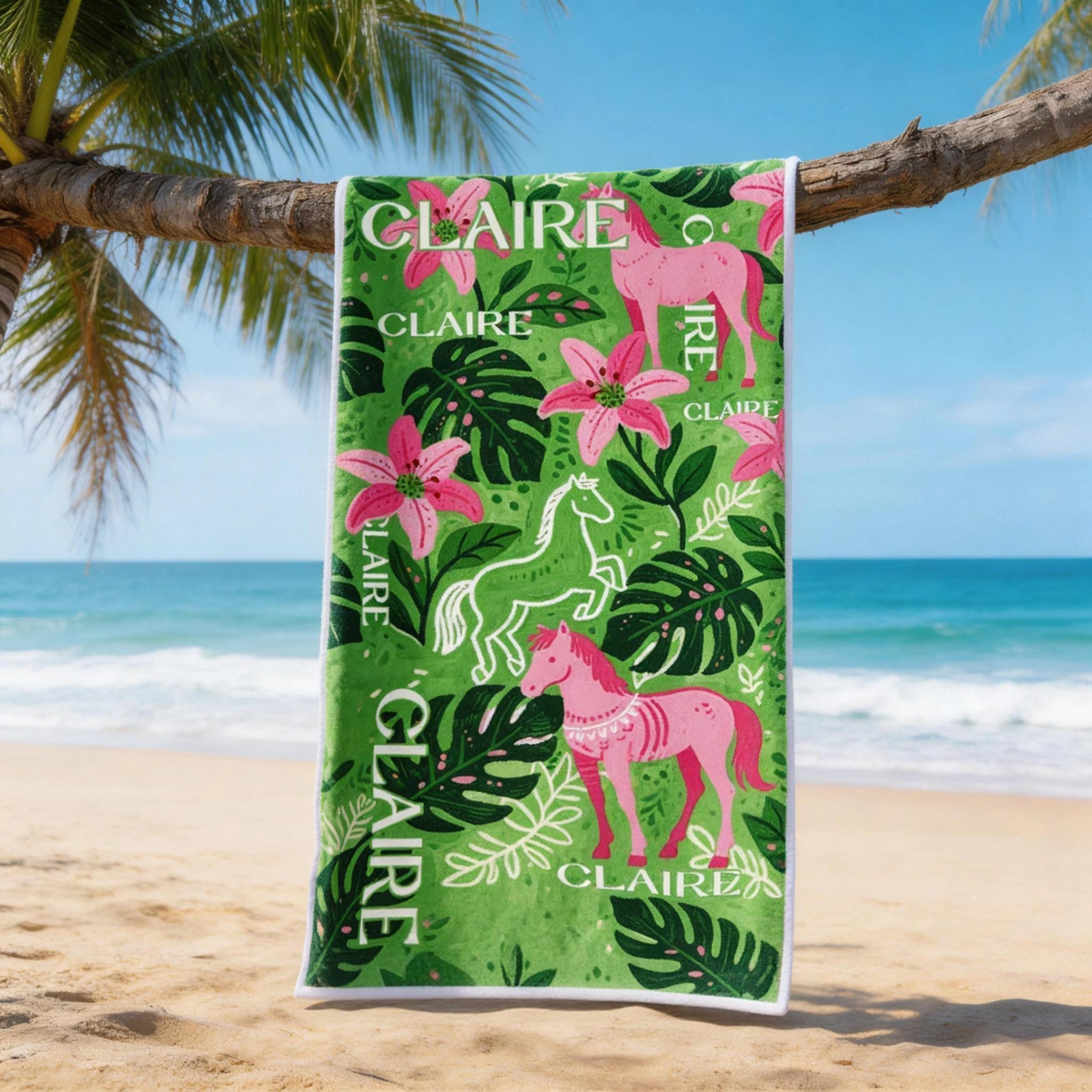 Personalized Tropical Horse Monstera Leaf Beach Towel Custom Name Beach Towel