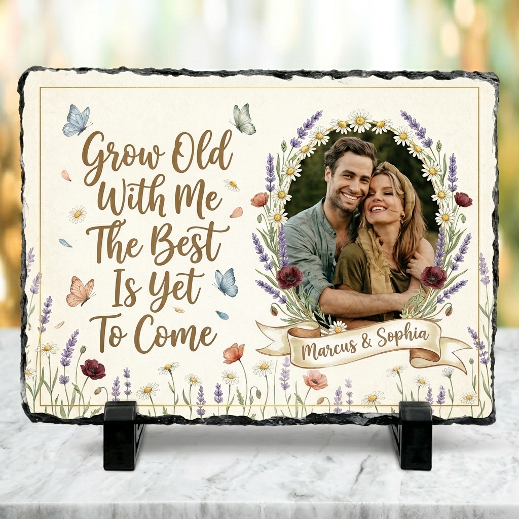 Personalized Watercolor Flower Couple Photo Slate Custom Romantic Quote Stone Plaque Engagement Gift Wedding Keepsake Valentines Gift for Partner