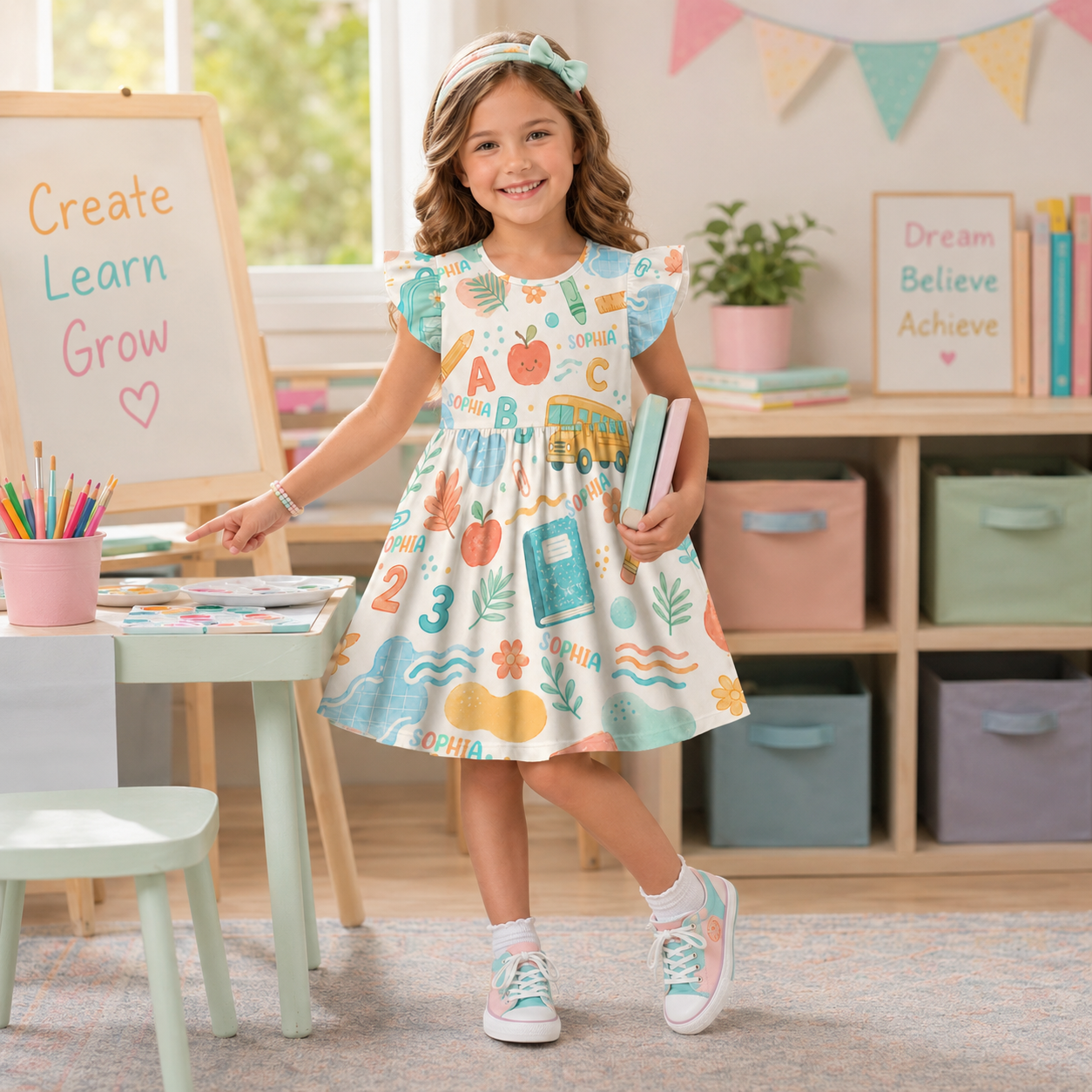 Personalized Back To School Classroom Supplies Books Crayons Apples Pastel Rainbow Teacher Student Print Coquette Ruffle Dress