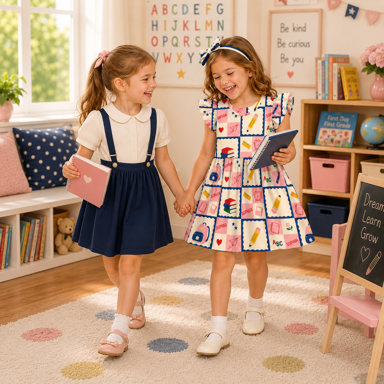 Personalized Back To School Classroom Icons Grid Crayons Books Bus Glue Apples Ruler Pastel Blocks Print Coquette Ruffle Dress