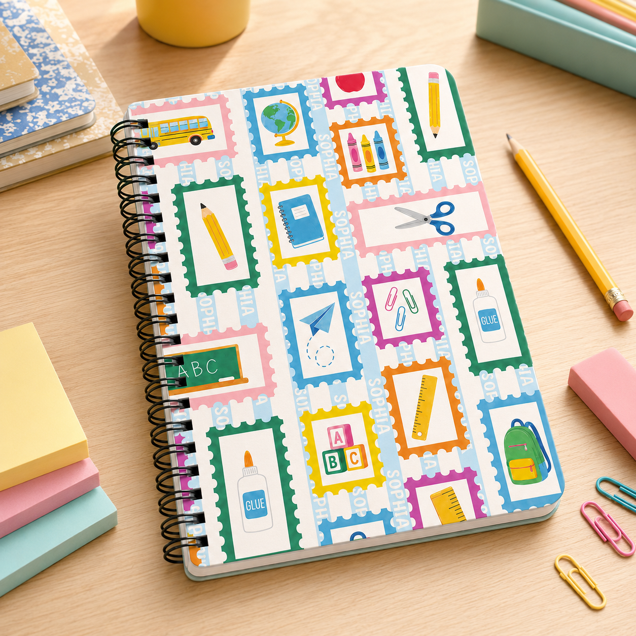 Personalized Colorful School Icons Pencils Books Apples Crayons Rainbow Back To School Kids Name Spiral Notebook