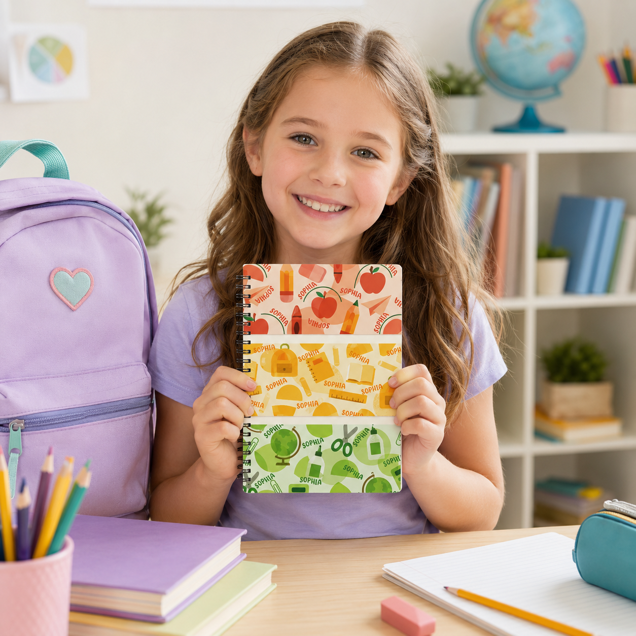 Personalized Rainbow Color Block School Supplies Icons Apples Crayons Scissors Ruler Back To School Spiral Notebook