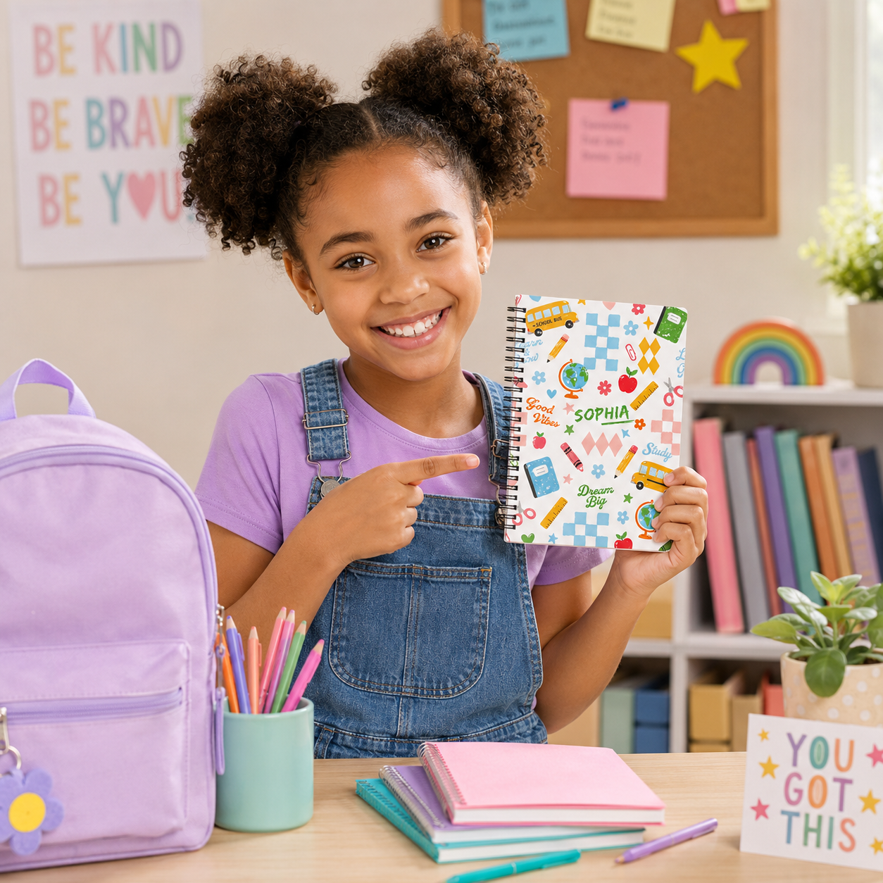 Personalized Cute School Doodles Hand Drawn Pencils Books Buses Hearts Stars Back To School Kids Spiral Notebook