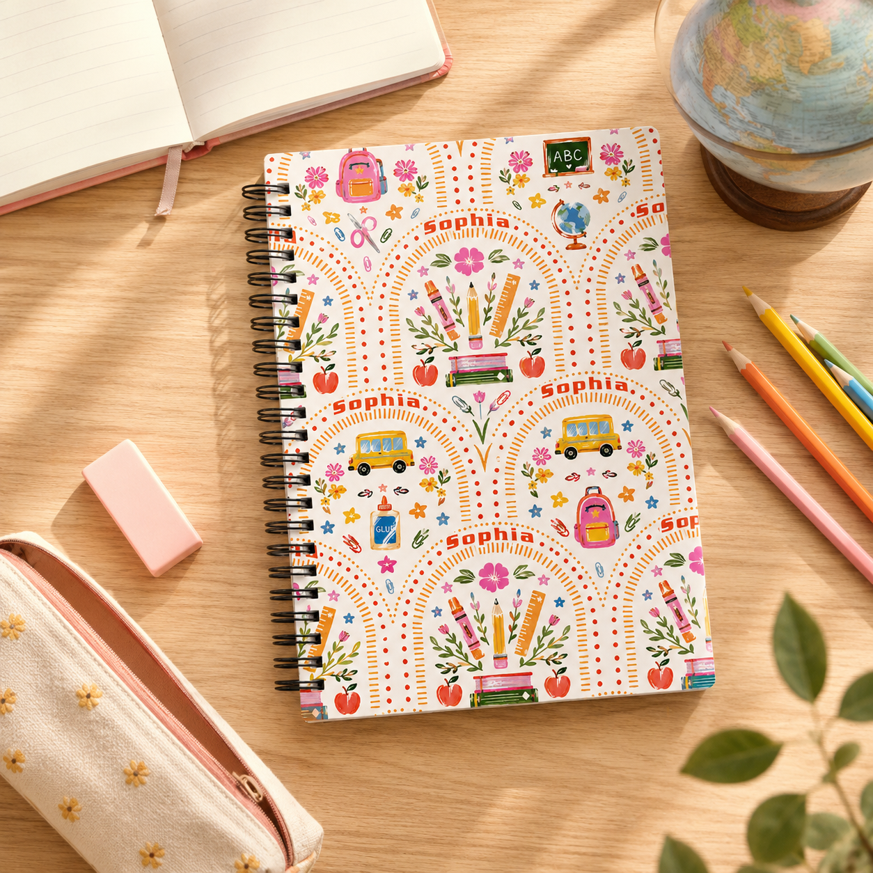 Personalized Boho Rainbow Flowers School Supplies Doodles Books Pencils Hearts Stars Back To School Spiral Notebook