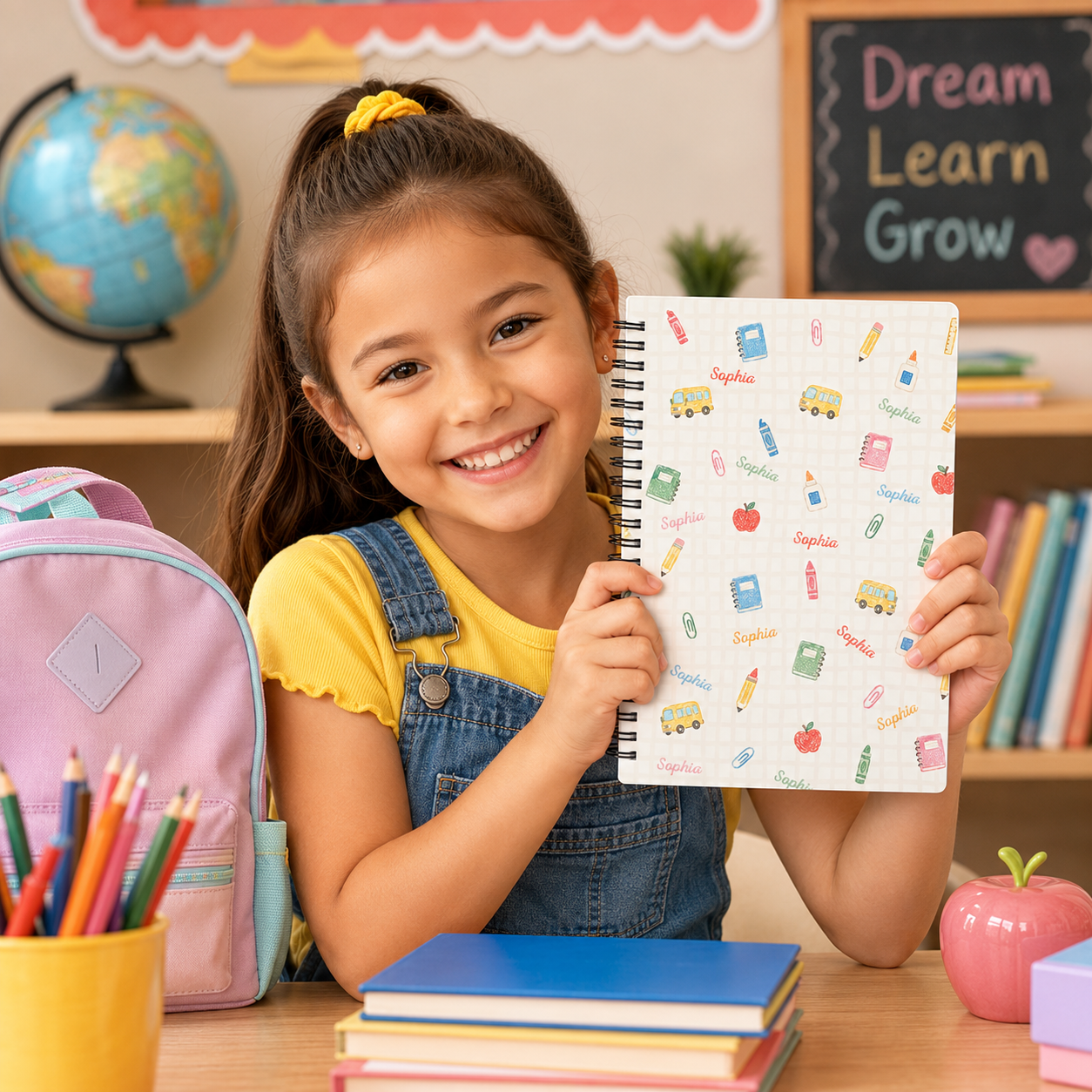 Personalized Pastel School Icons Doodles Pencils Books Apples Buses Stars Hearts Back To School Spiral Notebook
