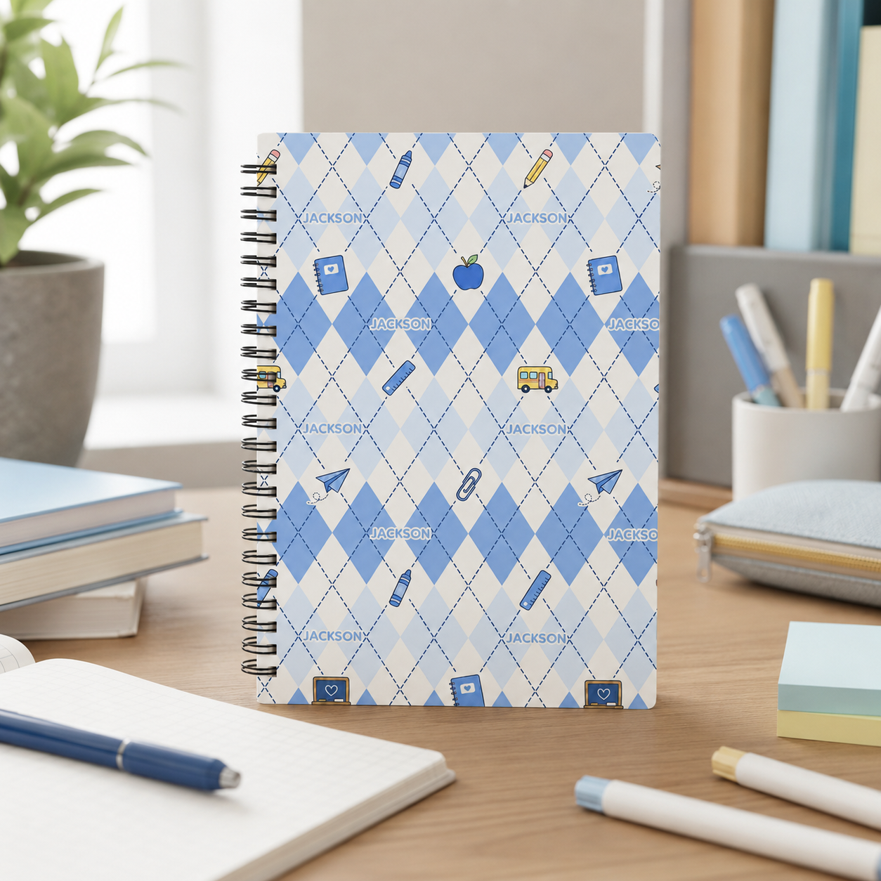 Personalized Pastel Argyle School Icons Pattern Pencils Books Apples Stars Hearts Back To School Spiral Notebook