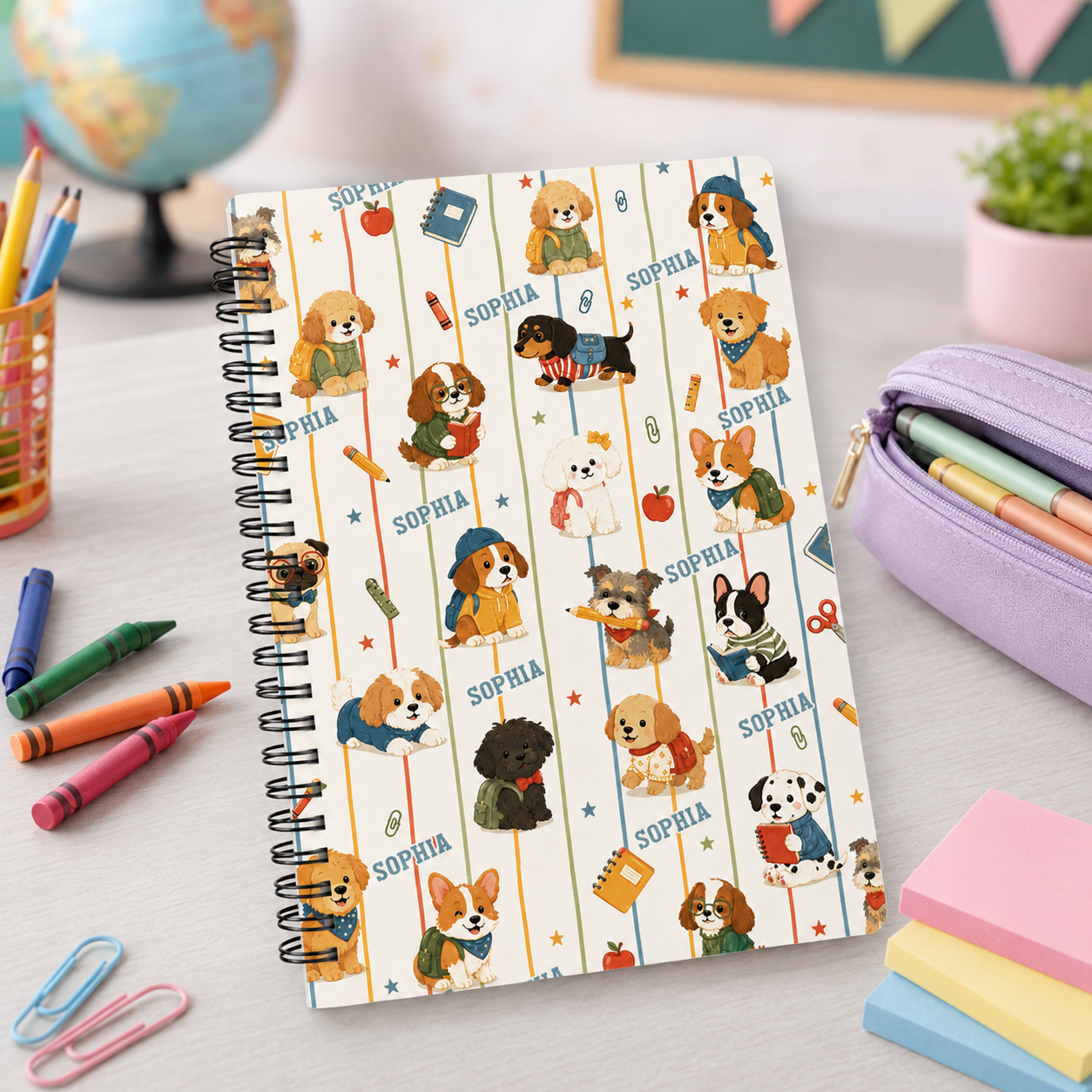 Personalized Cute School Dogs Pattern Backpacks Books Pencils Apples Hearts Back To School Kids Spiral Notebook