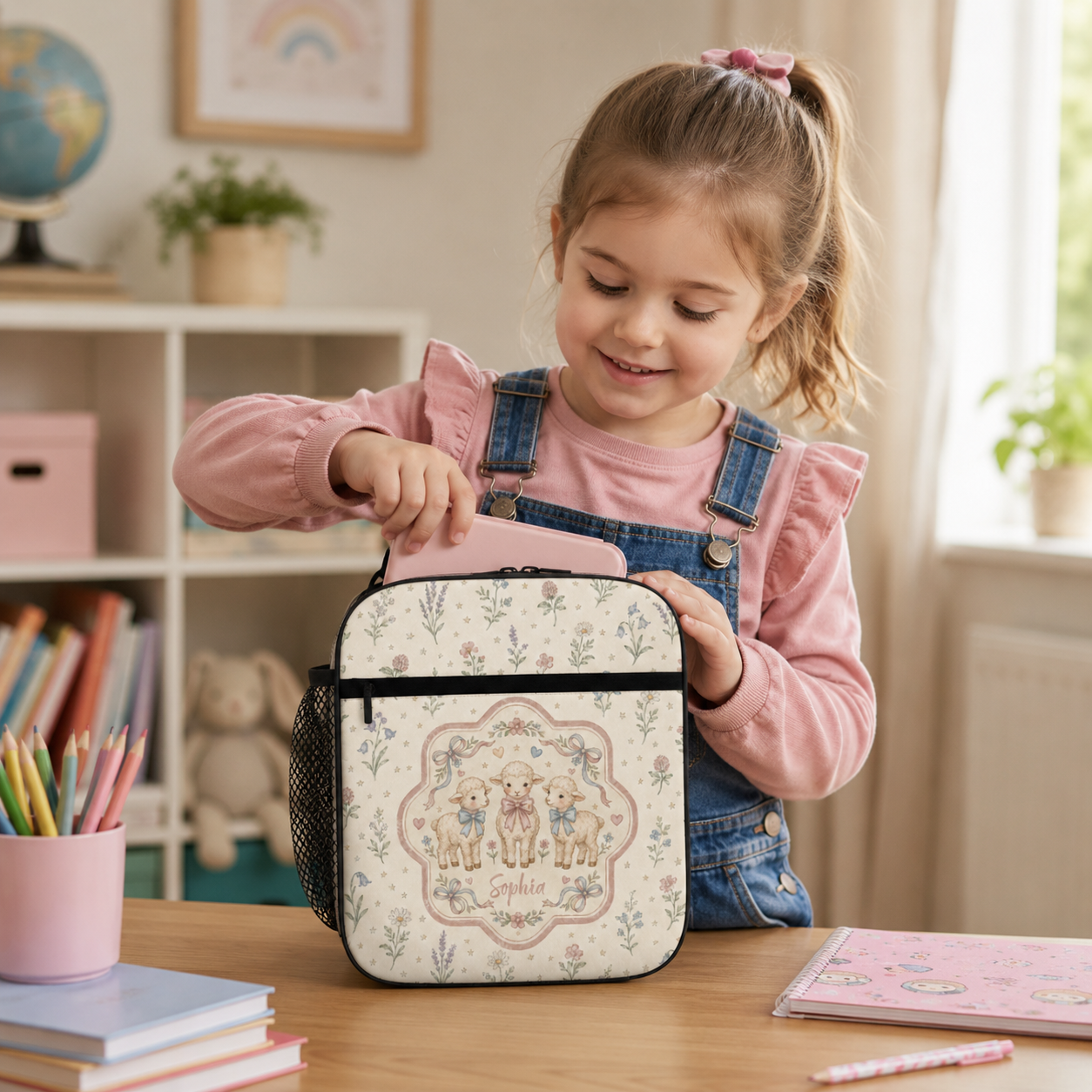 Personalized Cute Woodland Animals Floral Frame Pastel Nursery Style Kids Name Insulated Picnic School Lunch Bag