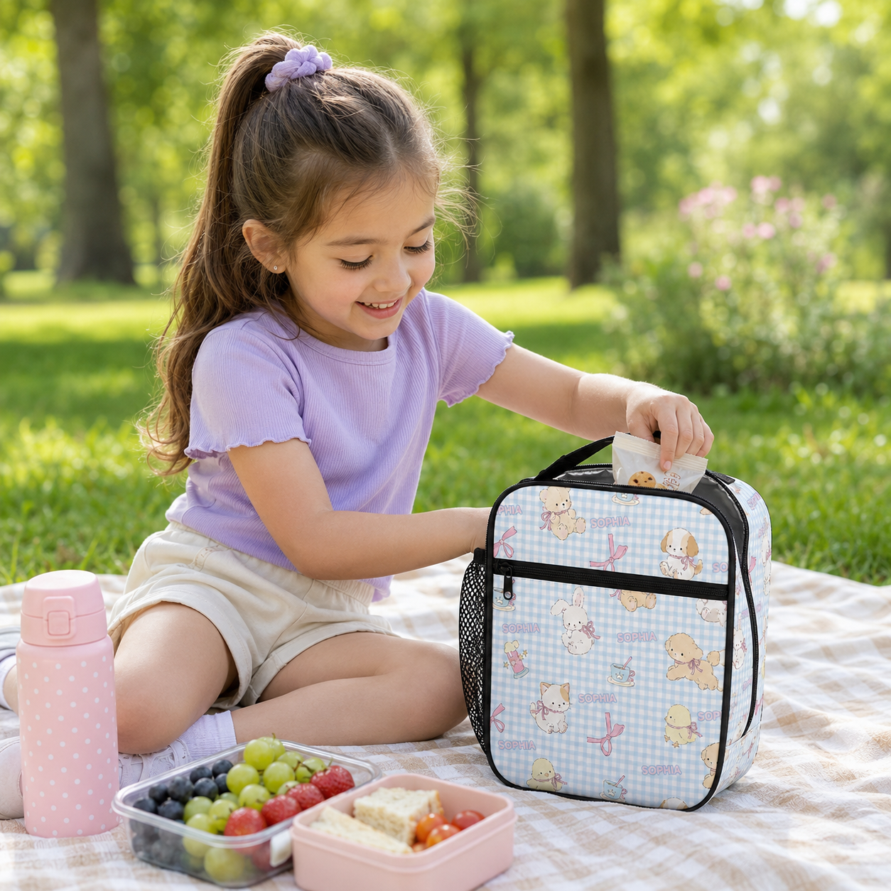 Personalized Pastel Ballerina Bunnies Rainbows Hearts Kids Name Cute Girly Pattern Nursery Style Insulated Lunch Bag