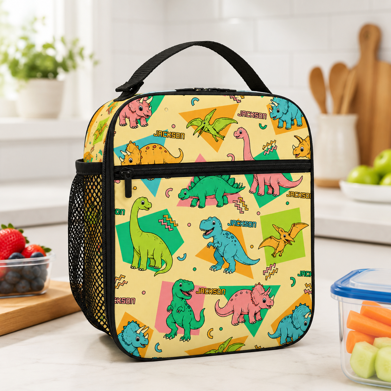 Personalized Colorful Cartoon Dinosaur Kids Back To School Insulated Reusable Snack And Meal Tote Box Lunch Bag