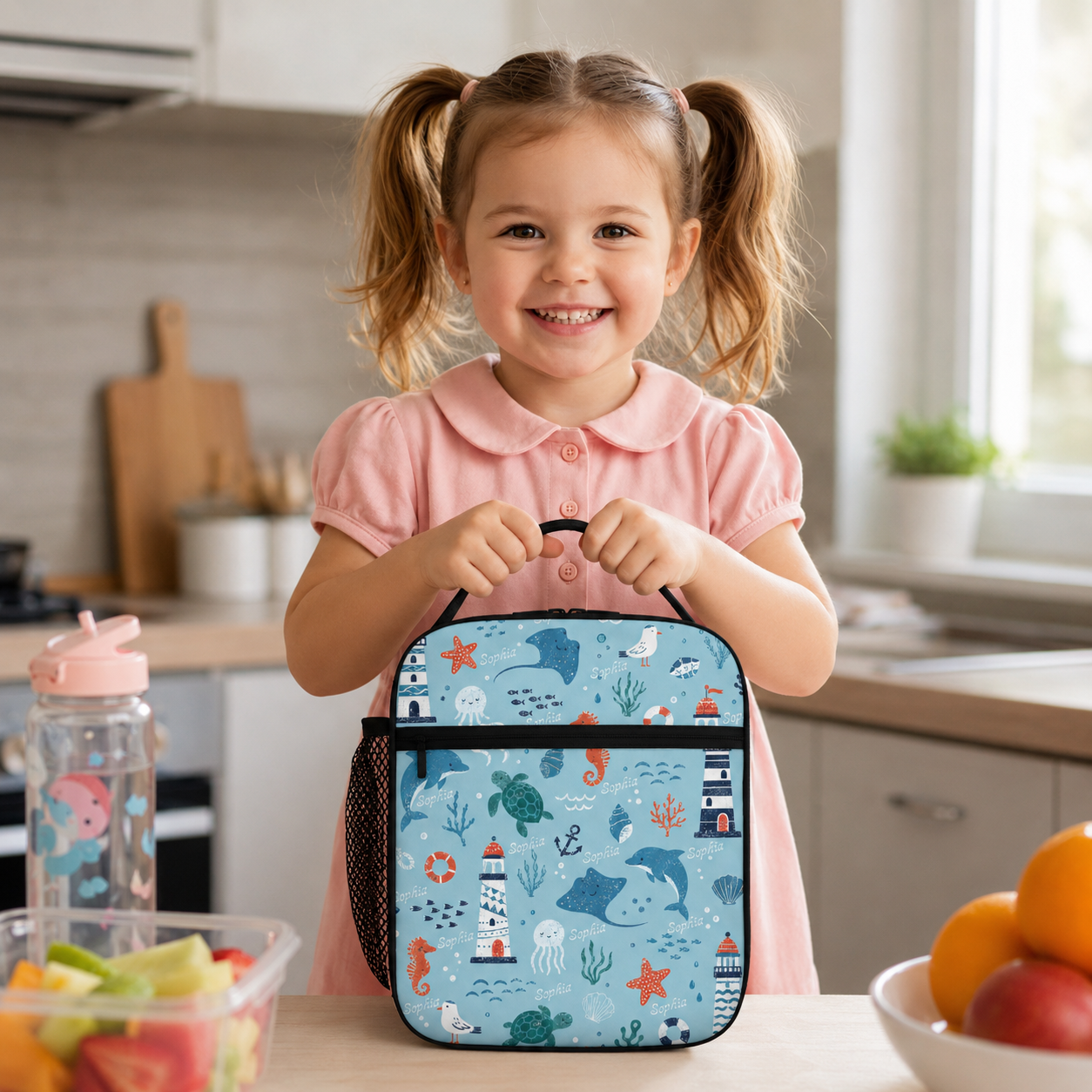 Personalized Under The Sea Ocean Shark Submarine Anchor Bubbles Blue Kids Insulated Back To School Lunch Bag