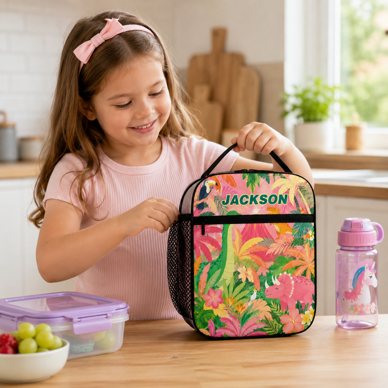 Personalized Tropical Jungle Palm Leaves Tiger Parrot Bright Colorful Kids Summer Vacation School Insulated Lunch Bag