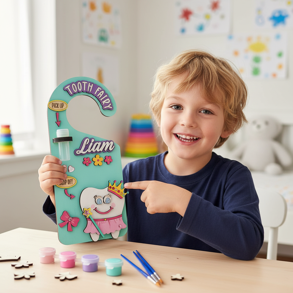 Personalized Tooth Fairy Door Hanger Custom Name Tooth Holder with Jar and Money Slot Kids Tooth Fairy Gift for Boys and Girls Unisex and Reversible